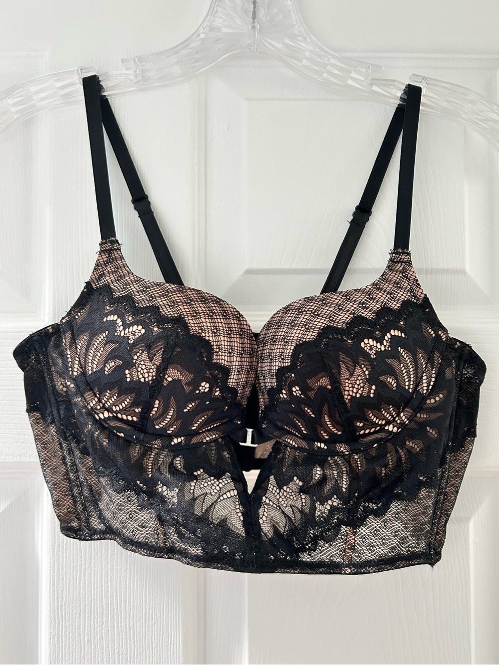 Adore Me Black Lace Longline Bra with Nude Underlay - Women Intimates